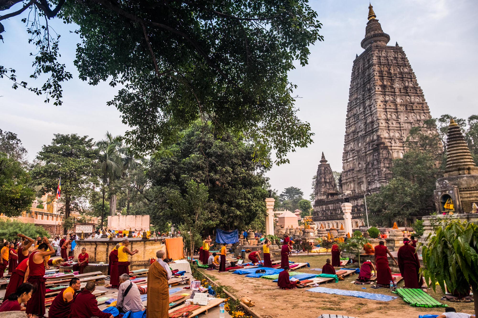 Hundreds of monks visit the Mahabodhi temple in Bodhgaya every year